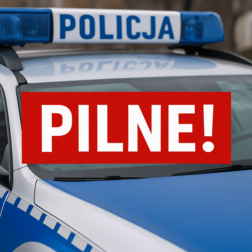 Napis Pilne na tle policyjnego radiowozu