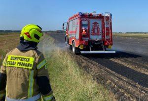 po lewej stronie strażak, na spalonym ścierniksu, po prawej czerwony wóz strażacki