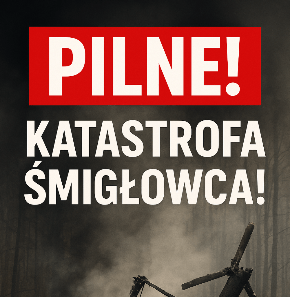 Tablica z napisem Pilne! Katastrofa śmigłowca