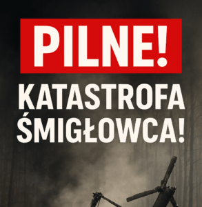 Tablica z napisem Pilne! Katastrofa śmigłowca