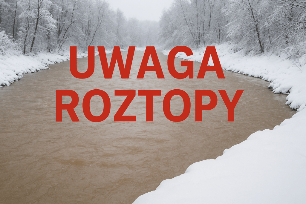 Mętna rzeka, ząsnieżone brzegi strumienia i napis uwaga roztopy