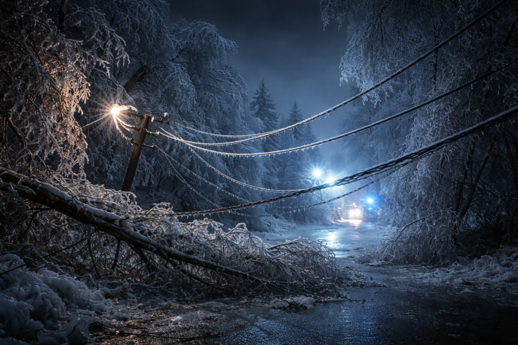 Połamane drzewa obciążone lodem na liniach energetycznych – nocna awaria prądu zimą