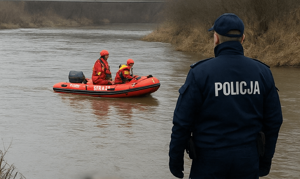 ponton strażacki, rzeka, policjant, jesień