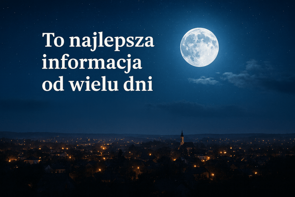 noc, rozświetlone miasto, księżyc na niebie
