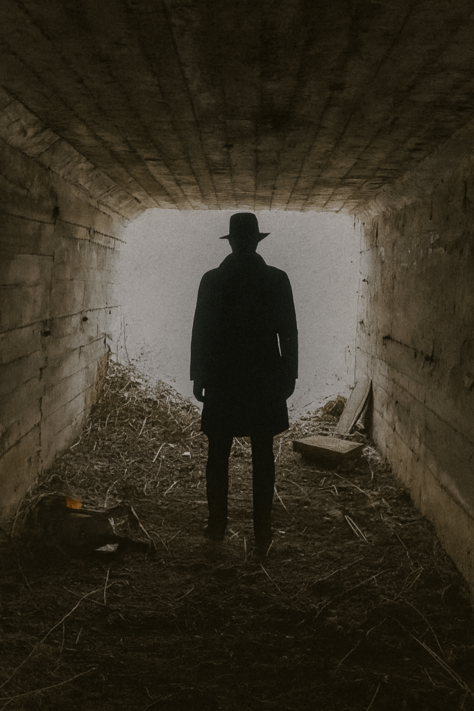 Mroczny betonowy tunel Na jasnym tle ciemna sylwetka mężczyzny w kapeluszu