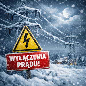 Planowane wyłączenia prądu zimą – ośnieżone linie energetyczne i znak ostrzegawczy przy dużym mrozie