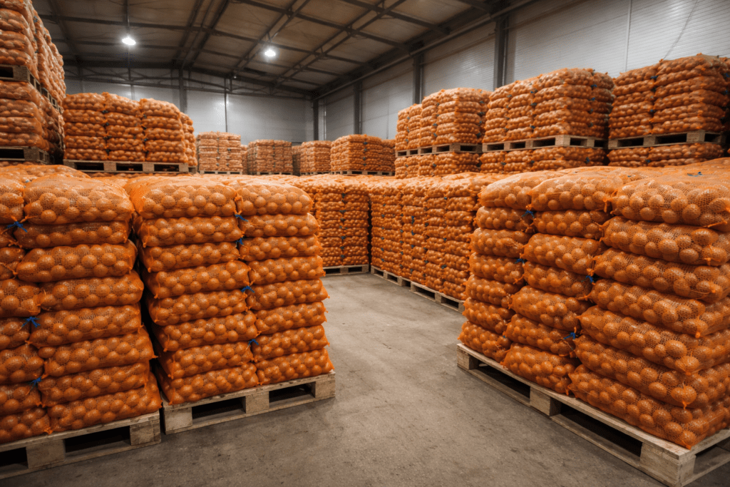 Ziemniaki w pomarańczowych siatkowych worakach leżą na paletach w magazynie