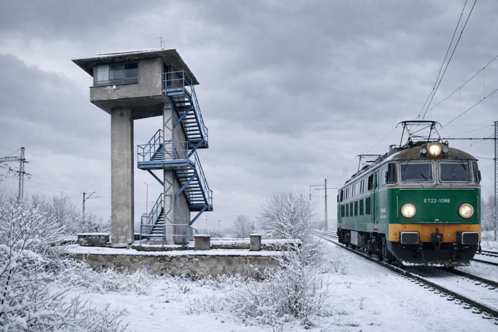 Zielony elektrowóz ET22 na torach linii kolejowej nr 91 obok nieistniejącej nastawni kolejowej w Grabinach zimą