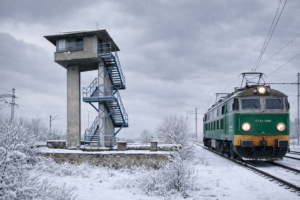 Zielony elektrowóz ET22 na torach linii kolejowej nr 91 obok nieistniejącej nastawni kolejowej w Grabinach zimą