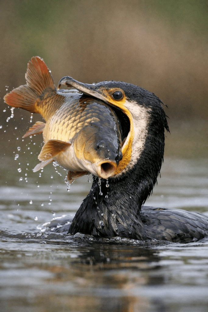 Kormoran czarny trzyma w dziobie dużego karpia