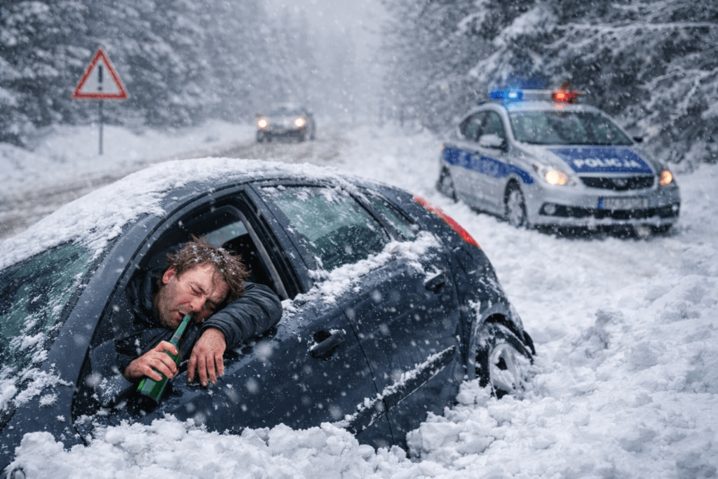 Nietrzeźwy kierowca w zasypanym samochodzie, interwencja policji na zaśnieżonej drodze zimą