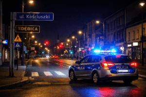 Nocna ulica Kościuszki w Dębicy, mokry asfalt odbijający światła latarni, na pierwszym planie policyjny radiowóz z włączonymi niebiesko-czerwonymi światłami, w tle budynki i przejście dla pieszych, atmosfera dramatyczna i realistyczna