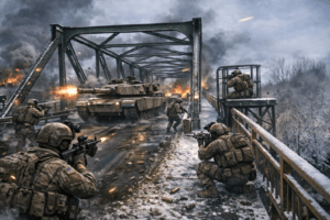 Most na Wisłoce przy ulicy Kościuszki w Dębicy w zimowej scenerii stylizowanej na pole bitwy z żołnierzami i czołgiem