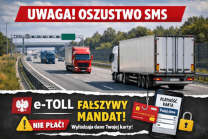 „Autostrada w Polsce z jadącymi ciężarówkami i samochodami osobowymi, ilustracja ostrzeżenia przed oszustwami SMS podszywającymi się pod e-TOLL, phishing i wyłudzenie danych kart płatniczych.