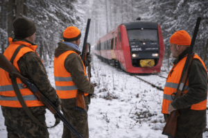 Trzech mężczyzn w pomoarańczowych kamizelkach i z bronią długą, zaśnieżony las, pociąg na torach