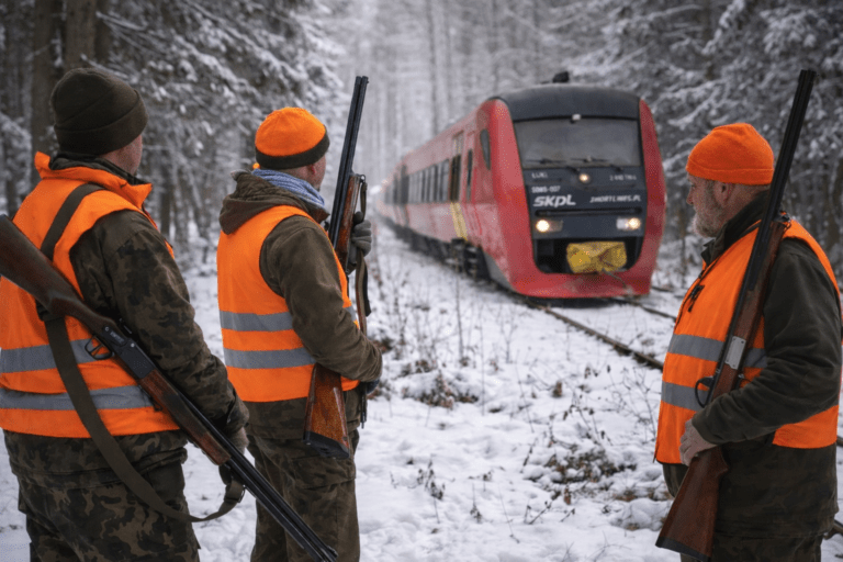 Trzech mężczyzn w pomoarańczowych kamizelkach i z bronią długą, zaśnieżony las, pociąg na torach