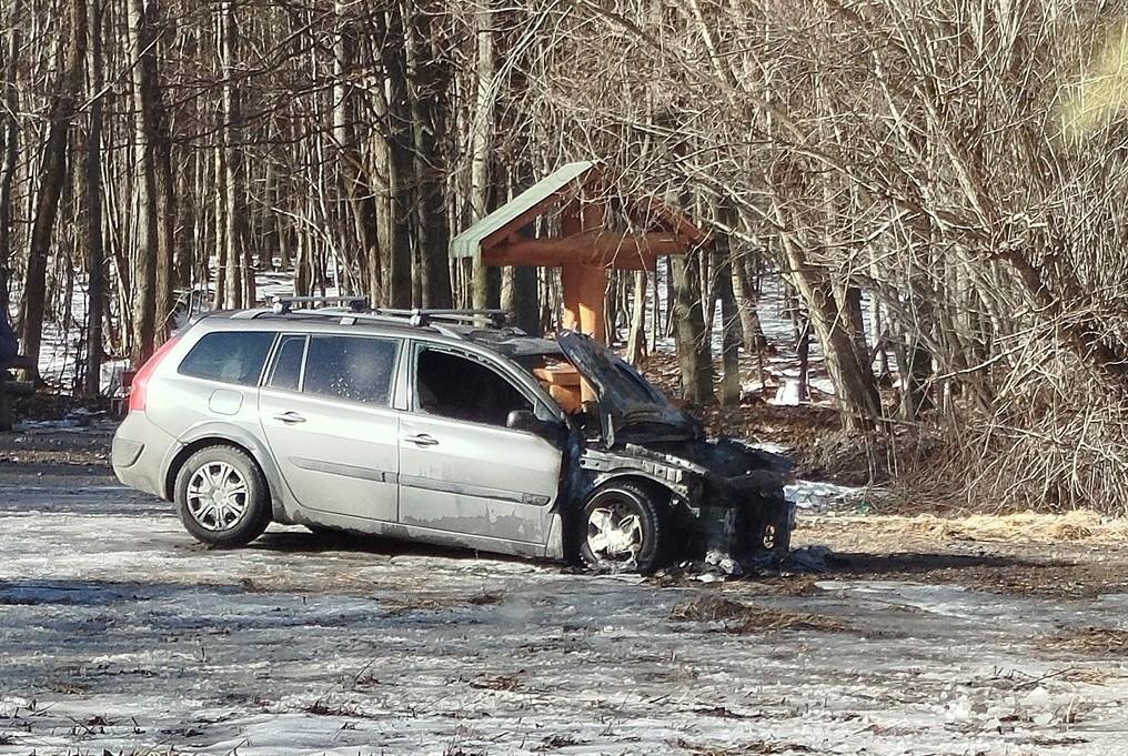 Spalony samochód na śniegu w tle las
