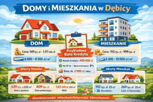 Infografika przedstawiająca porównanie cen domów i mieszkań w Dębica w 2026 roku. Po lewej stronie dom wolnostojący z ogrodem i garażem, po prawej nowoczesne mieszkanie w bloku z balkonem. W centrum przykładowa rata kredytu hipotecznego. Na dole przykłady ofert domów i mieszkań z cenami i powierzchnią. Jasna, przyjazna kolorystyka, styl edukacyjny i czytelny