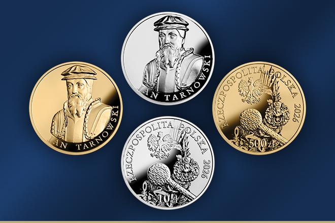 cztery monety, dwie złote i dwie srebrne na granatowym tle